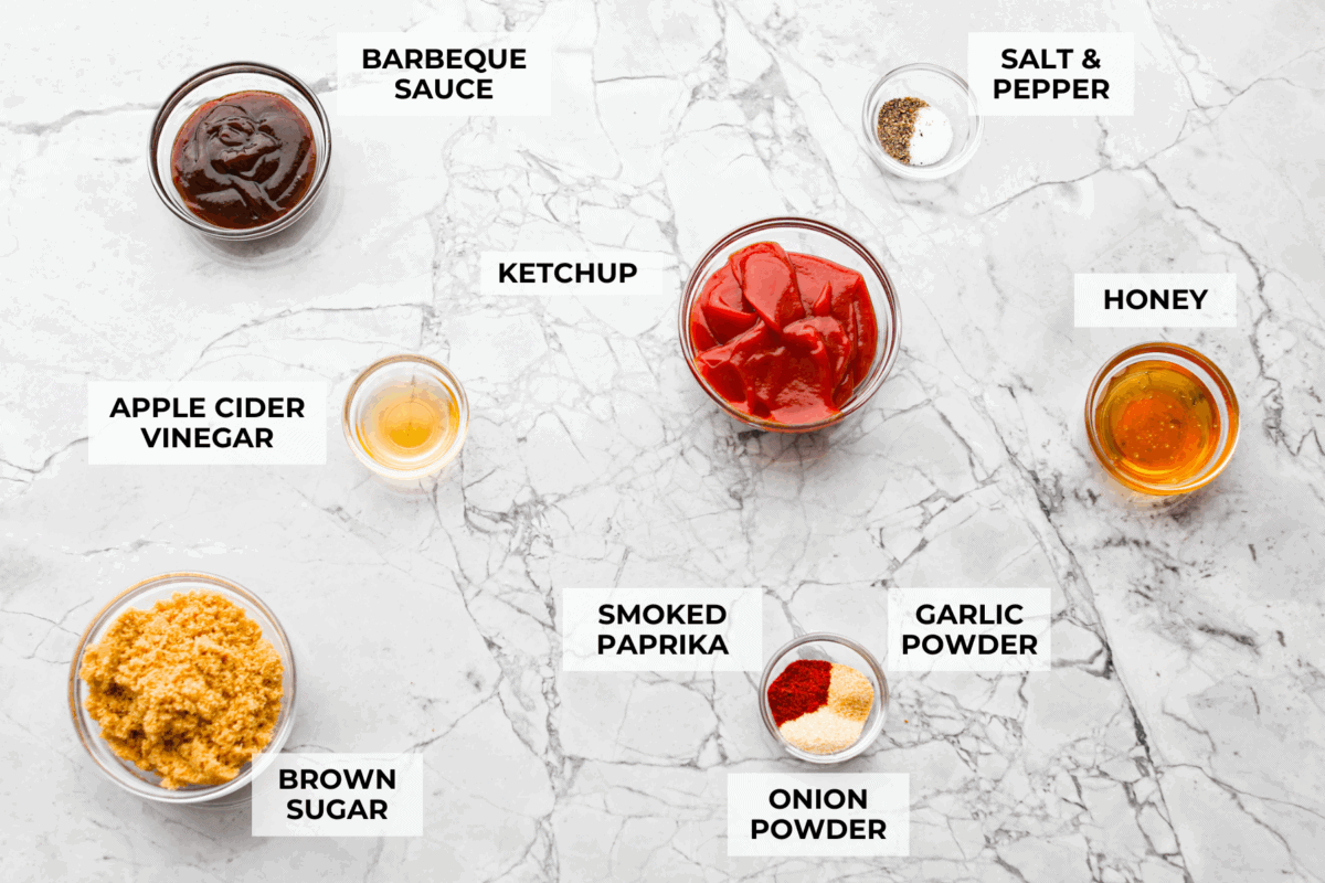Here in Utah, J. Dawgs is basically a religion! Their hot dogs are THAT good. The sweet, tangy, smoky sauce? Life-changing! Make this copycat J Dawgs sauce at home and you’ll never look at ketchup the same way again. Overhead shot of labeled ingredients.