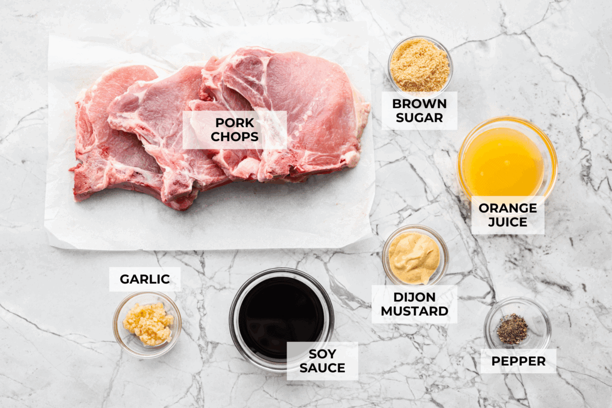 Stop making boring pork chops. You NEED this pork chop marinade, with soy sauce, brown sugar, garlic, Dijon, and citrus! It all comes together for the most juicy, tender, flavor-packed pork chop you've ever had! Overhead shot of labeled ingredients.